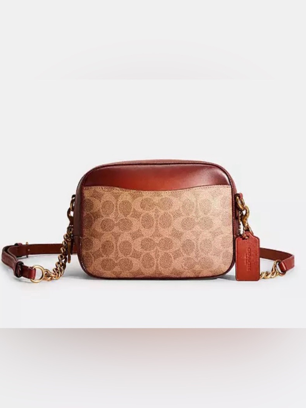 COACH Logo Print & Leather Camera Bag in Brown/Rust Burnished leather.